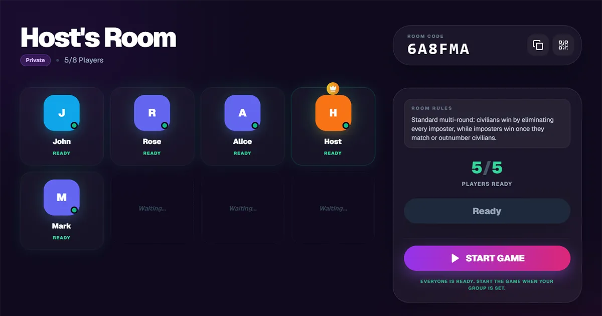 Four-step online room flow showing create room, join by code, synchronized game phases, and automatic round results.
